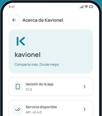 La pantalla Acerca de Kavionel en la app