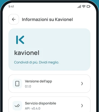 La schermata Informazioni su Kavionel nell'app