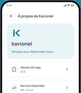L'écran À propos de Kavionel dans l'app
