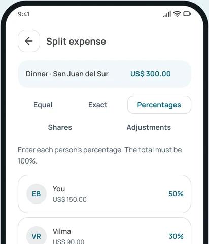 Splitting an expense by percentages in the app