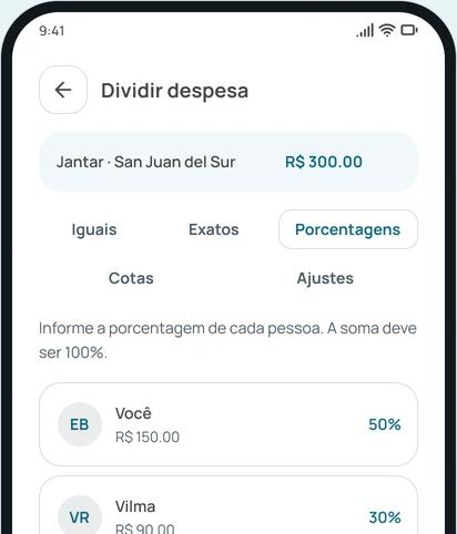 Dividir uma despesa por porcentagens no app